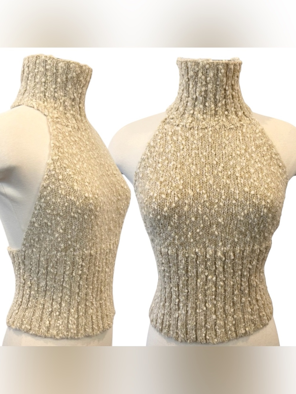 EXPRESS Wool Blend Cream Metallic Gold Knit Vintage Holiday Halter Sweater Top M - Picture 13 of 15